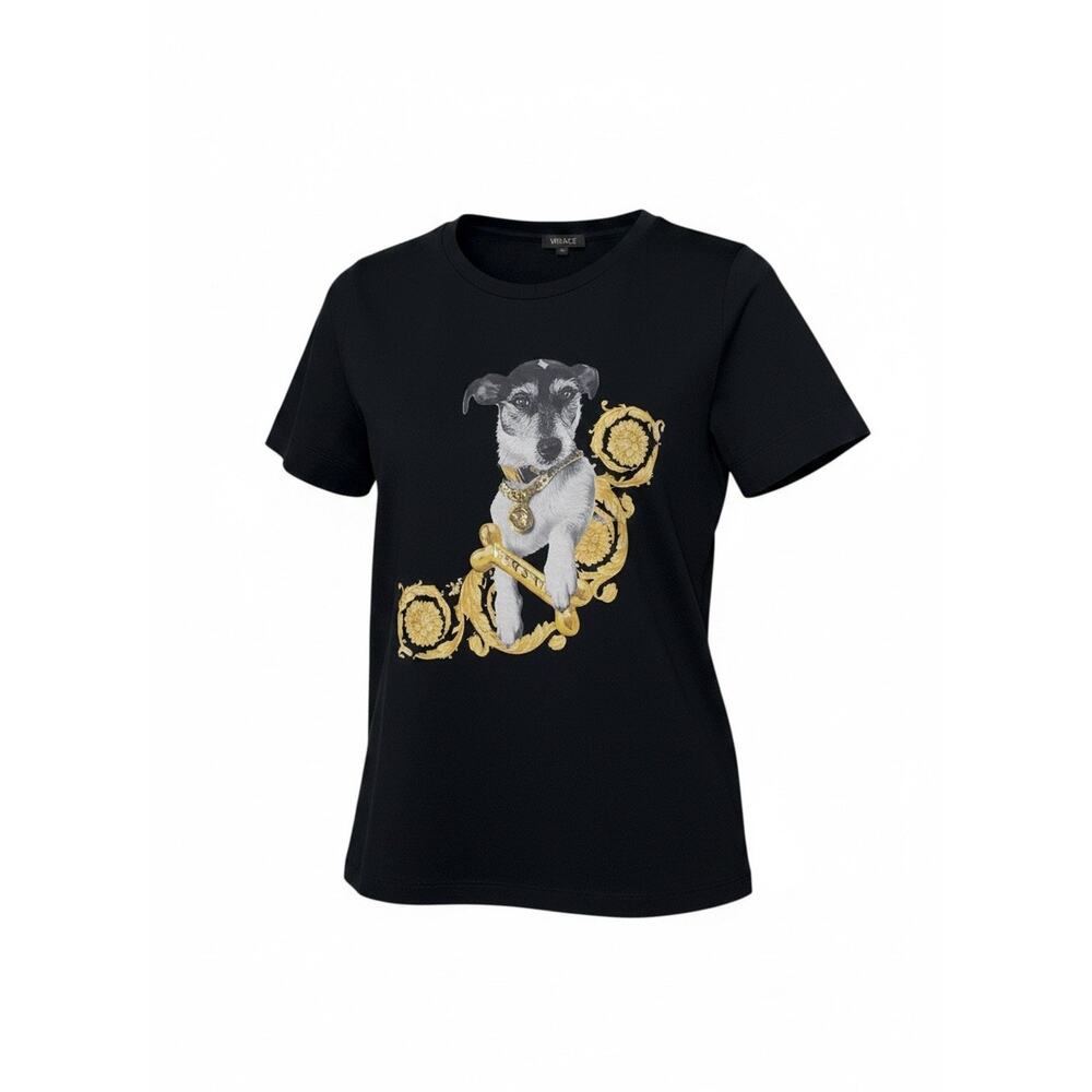 Versace NWT Dog Graphic Print Black Gold Foil T-Shirt Size 38 IT 2 US